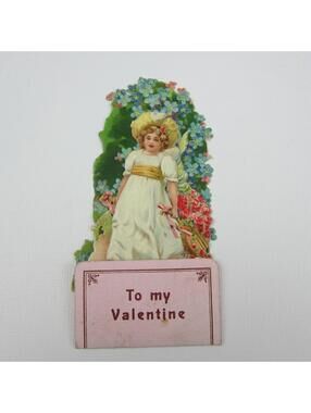 Vintage Valentine 3D Pop Up Die Cut Girl Hat Wheelbarrow Red Roses Blue Flowers